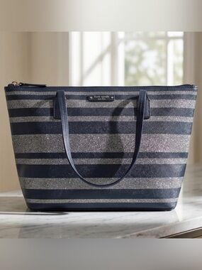🆕 Kate Spade - New York Haven Lane Hani Glitter Stripe Tote Bag Black & Silver